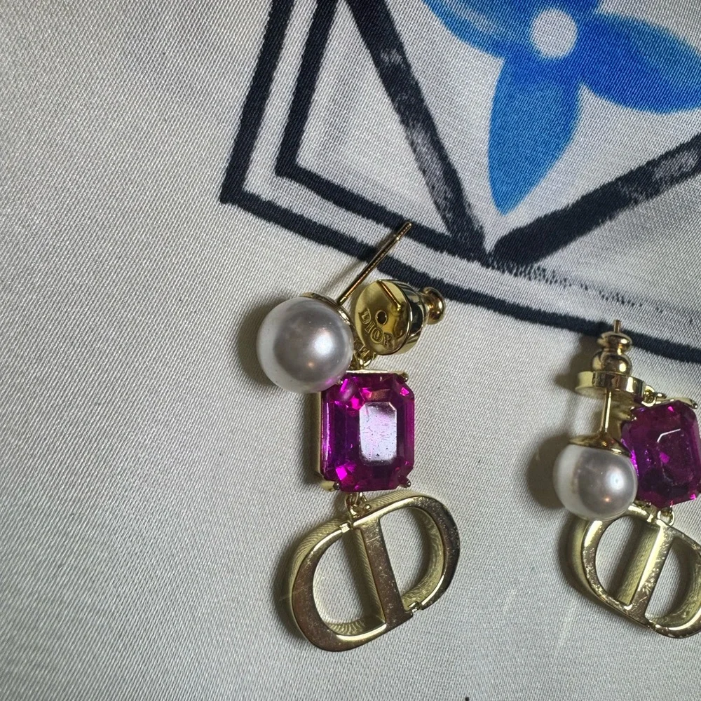 Dior Gold-Tone Earrings with Fuchsia Crystal & Pearl Accent - Picture 2 of 7